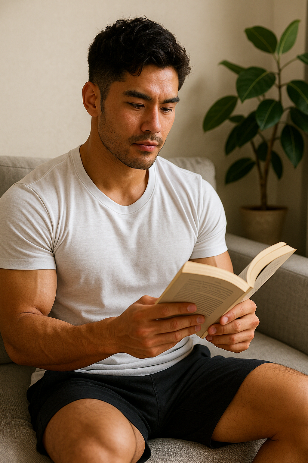 読書する若い日本人男性